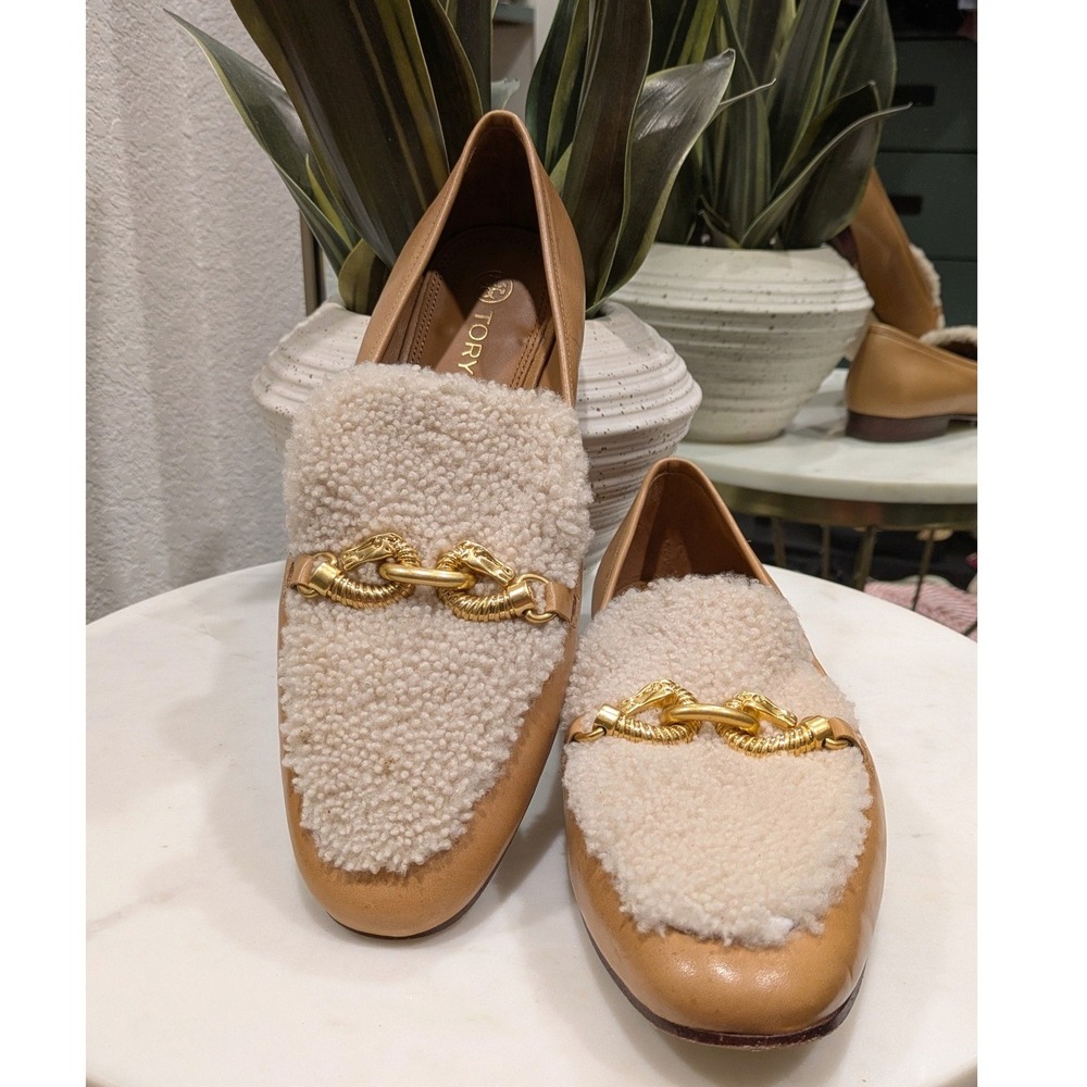 Tory Burch Jessa Shearling Loafers Women 10 Tan Leather Horsehead Gold Hardware